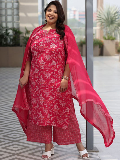 Dhiyona Women's Plus Size Floral Printed Pure Cotton Kurta with Palazzos & Dupatta