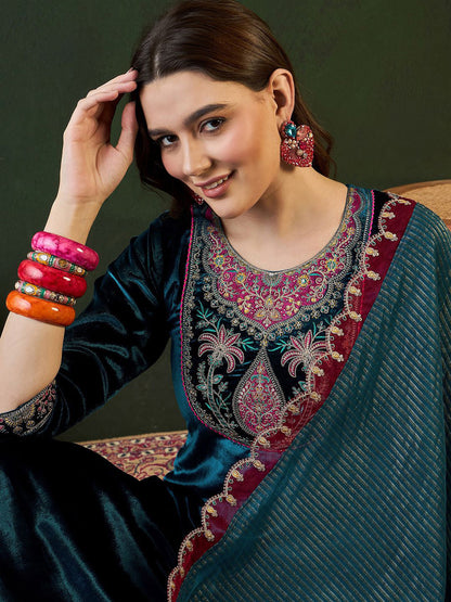 Embroidered Straight Kurta & Trousers With Dupatta