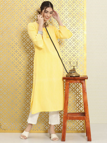 Dhiyona OD  Women Yellow & White Striped Bell Sleeves Rozana Kurta
