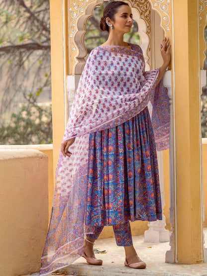 Dhiyona KL Round Neck Floral Printed Pleated Anarkali Kurta with Trouser & Dupatta