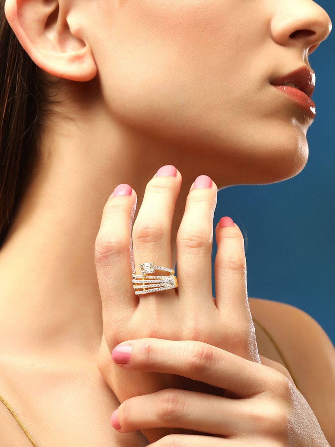 Dhiyona RJ Women's Gold-Plated AD Studded Adjustable Rail Finger Ring
