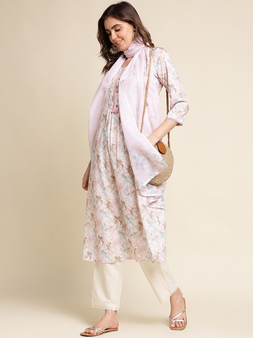 Dhiyona IS Women's Floral Printed Linen Kurta with Trousers & With Dupatta