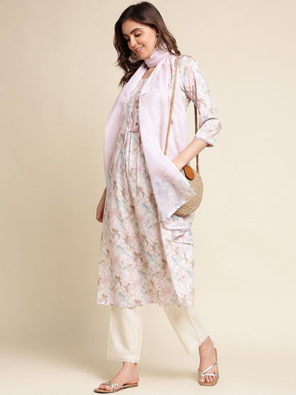 Dhiyona IS Women's Floral Printed Linen Kurta with Trousers & With Dupatta