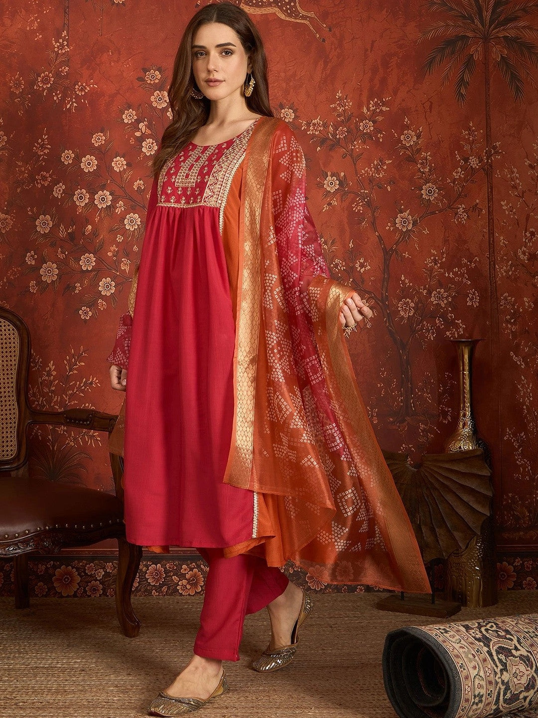 Women Ethnic Motifs Embroidered Empire Thread Work Kurta with Trousers & With Dupatta