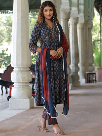 Dhiyona RR Women's Printed Empire Sequinned Pure Cotton Kurta with Trousers & Dupatta