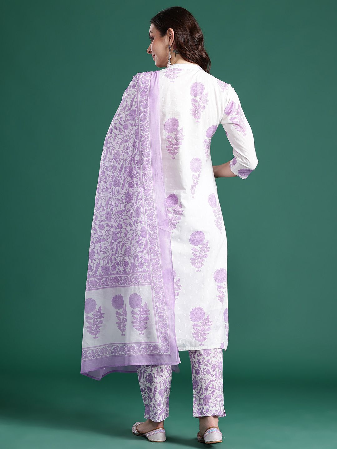 Floral Printed Pure Cotton Kurta with Trousers & Dupatta