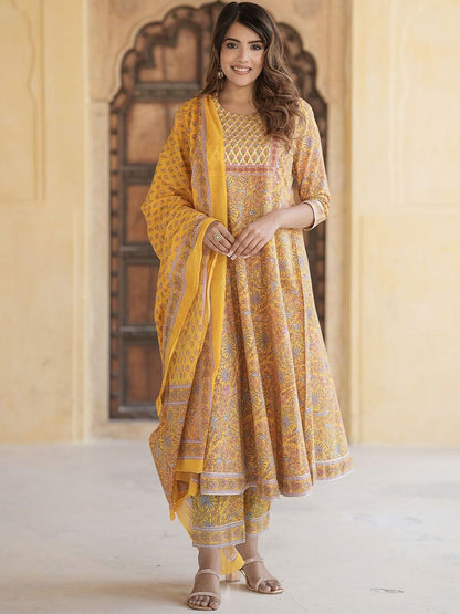 Dhiyona KL Floral Printed Pure Cotton Anarkali Kurta With Trousers & Dupatta