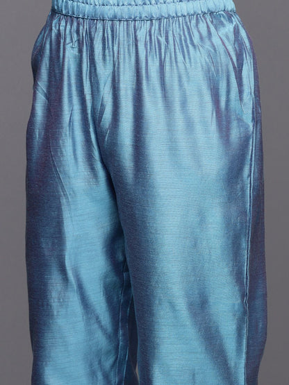 Blue Floral Embroidered Chanderi Silk Kurta With Trousers & Dupatta