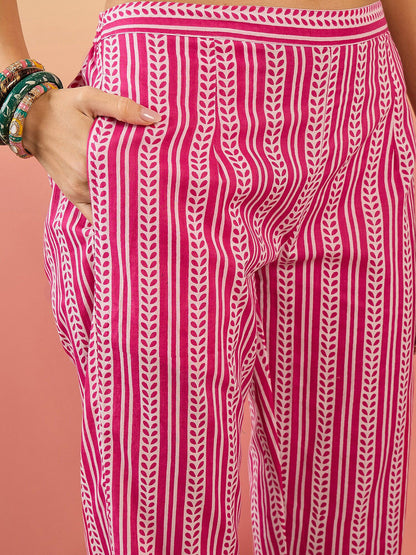 Floral Printed Mirror Work Pure Cotton Kurta with Trousers & Dupatta