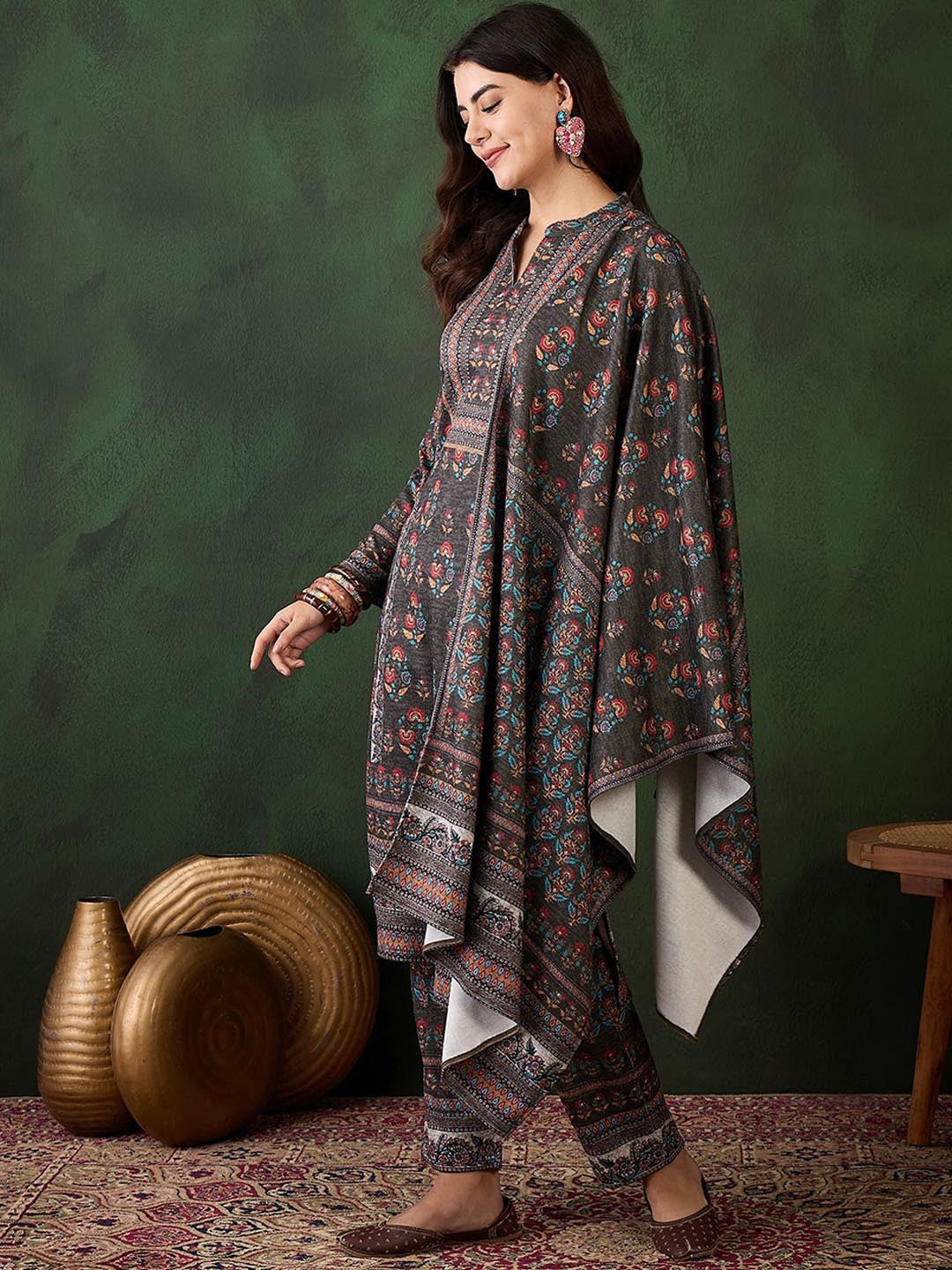 Self Design Winter Pashmina Straight Kurta & Trouser With Dupatta