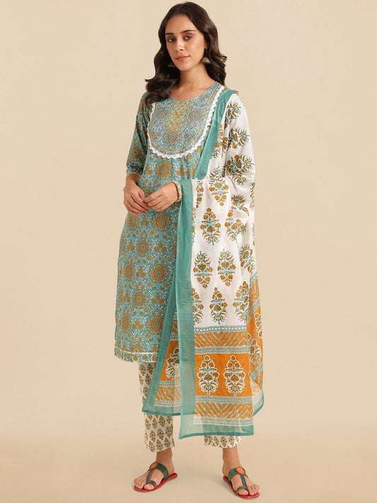 Dhiyona KL Floral Printed Pure Cotton Sequinned Kurta With Trousers & Dupatta