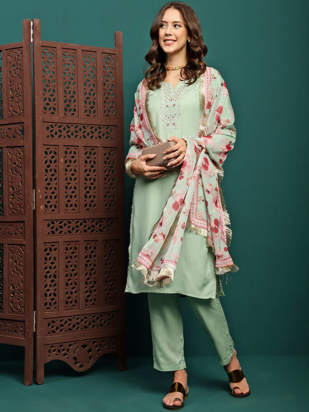 Embroidered Straight Kurta With Trouser & Dupatta Set