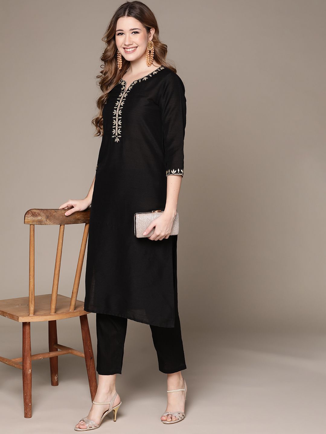 Dhiyona IS Women's Women Black Ethnic Motifs Embroidered Kurta with Trousers