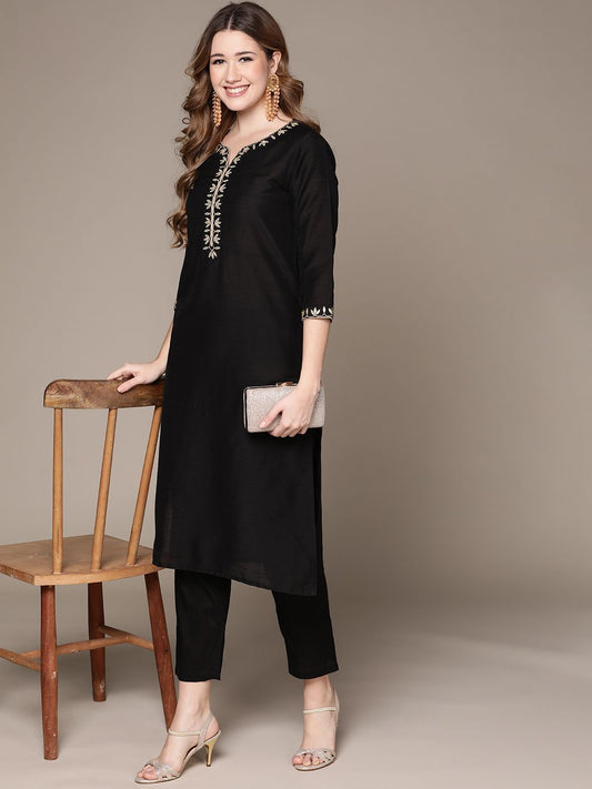 Dhiyona IS Women's Women Black Ethnic Motifs Embroidered Kurta with Trousers