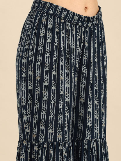 Dhiyona AN Women Navy Blue Ethnic Motifs Printed Sequinned Kurta with Sharara & Dupatta