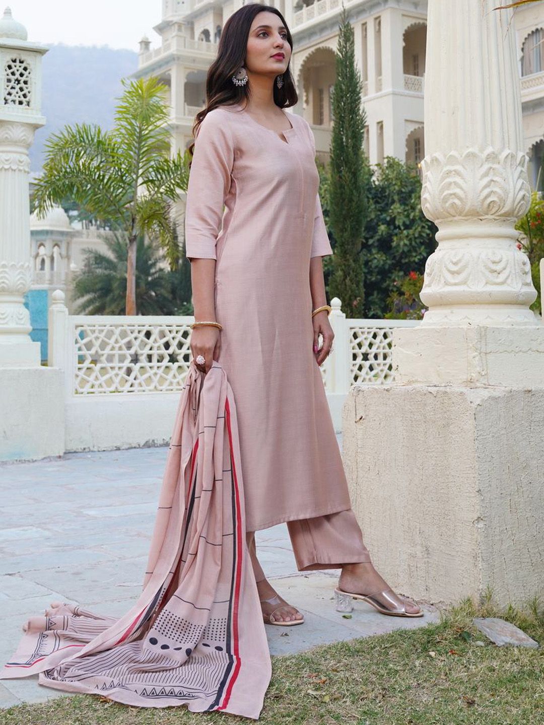 Dhiyona KL Notch Neck Straight Kurta With Palazzos And Dupatta