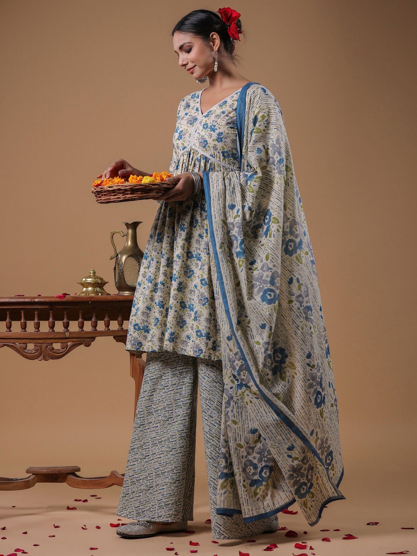 Dhiyona AN Floral Printed Empire Pure Cotton A-Line Kurta with Sharara & Dupatta