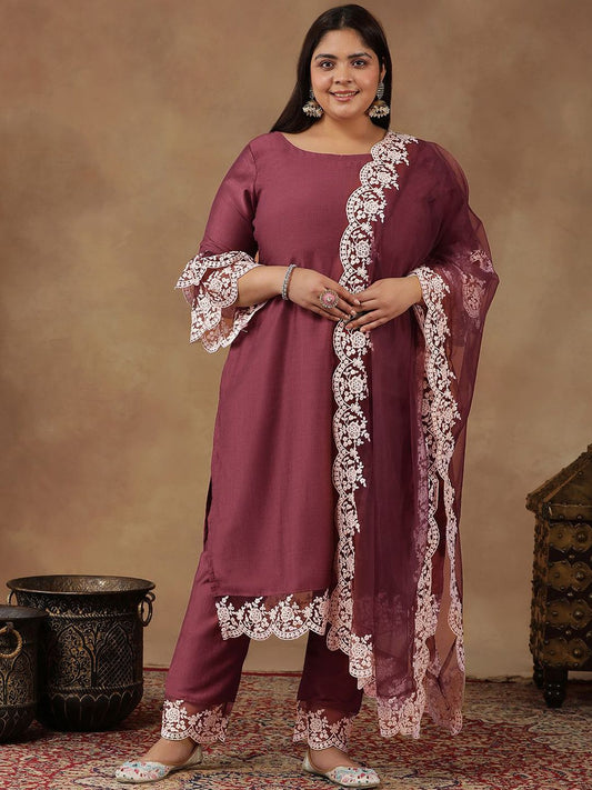 Dhiyona IN Size Embroidered Thread Work Straight Kurta With Trousers & Dupatta