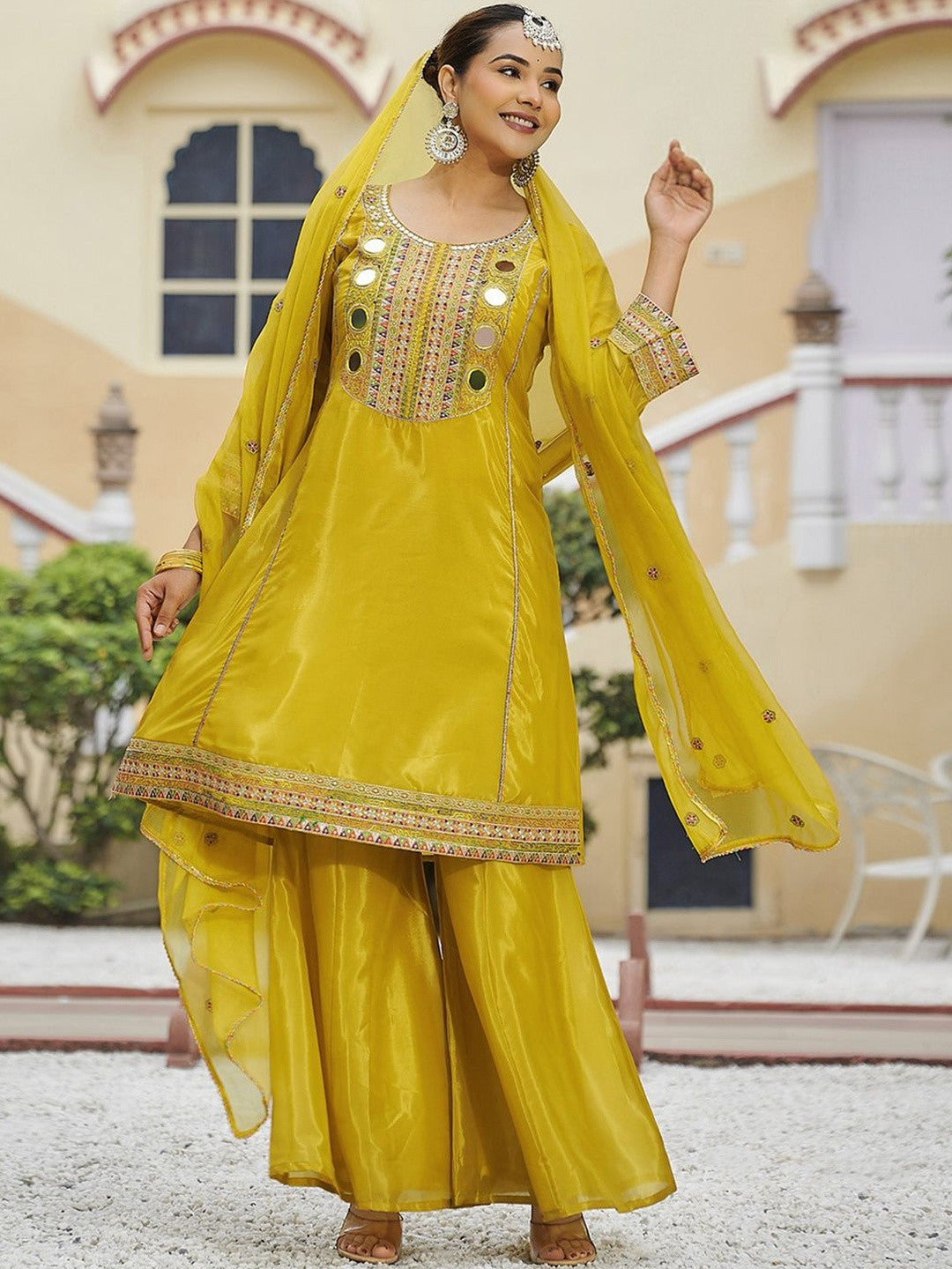 Dhiyona SN Embroidered Round Neck Kurta & Palazzos With Dupatta