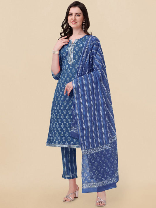 Dhiyona KL Floral Printed Gotta Patti Pure Cotton Kurta With Trousers & Dupatta