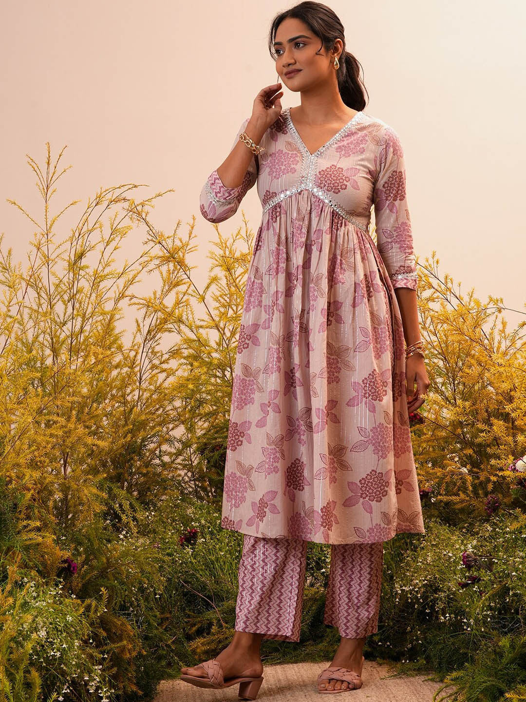 Floral Printed V-Neck Three-Quarter Sleeves Empire Mirror Work Pure Cotton Kurta set