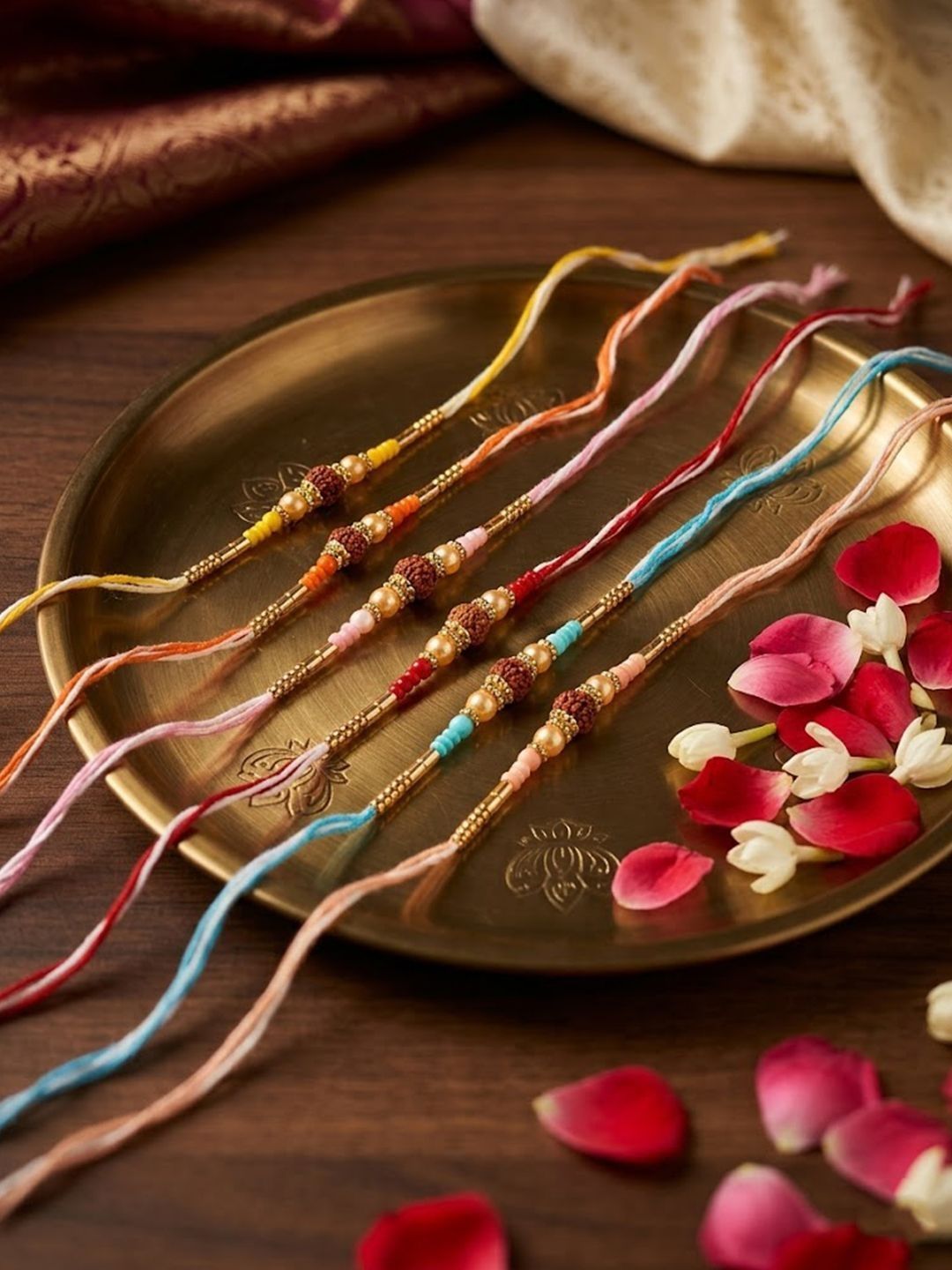 Dhiyona Set Of 6 Rudraksh & Artificial Beads Thread Rakhi With Roli Chawal Chandan Mishri