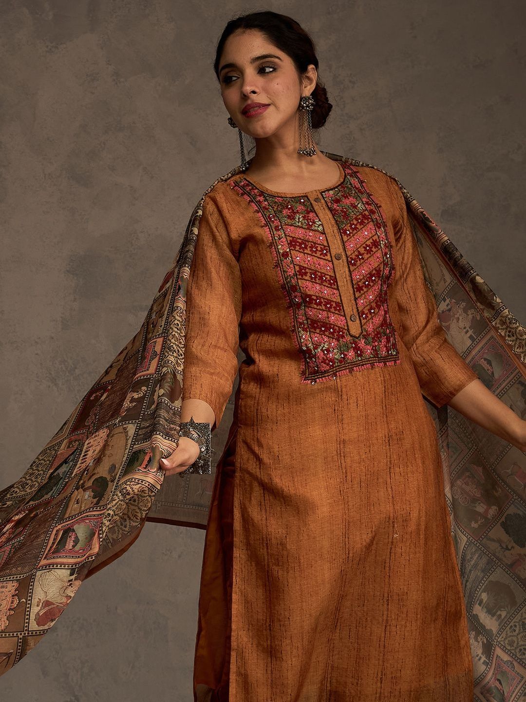Ethnic Motifs Yoke Design Sequinned Chanderi Cotton Kurta With Trousers & Dupatta