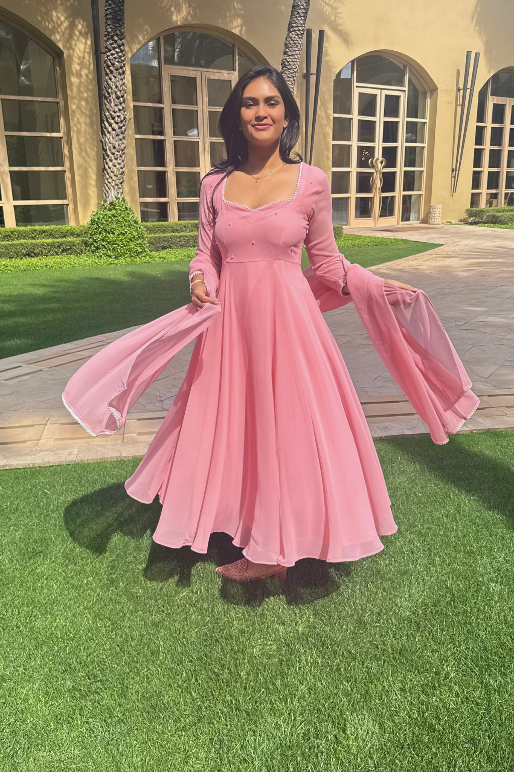 Dhiyona ST 3 pc Suit Set -Light Pink Pearl Edge Georgette 3/4th Sleeve Anarkali with Dupatta and Pants