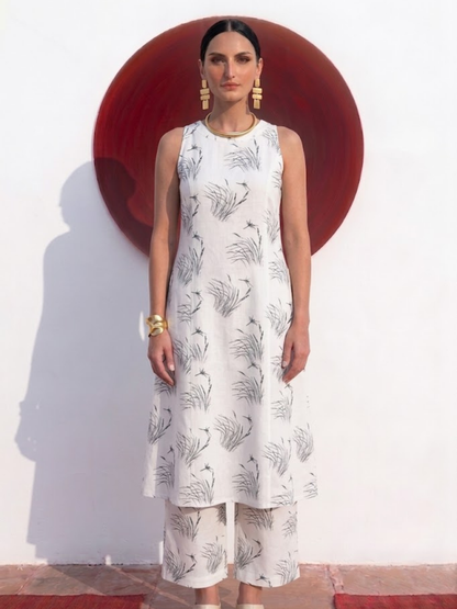 Dhiyona ST 2 pc SET - Husk Cream and Grey Printed Linen Sleeveless Kurta and Pant