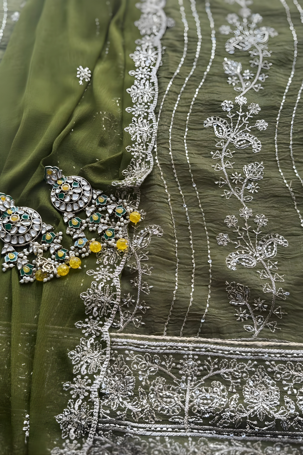 Dhiyona ST 3 Pc Unstitched Suit - Chiffon Green hand Embroidered Beaded Kurta with Lining ,Dupatta and Bottom