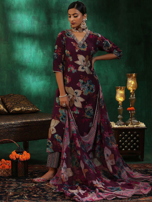 Women Floral Printed Regular Beads and Stones Kurta with Trousers & With Dupatta