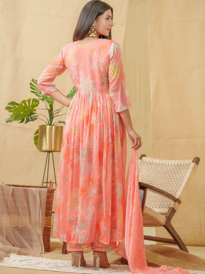 Dhiyona SN Floral Printed Angrakha A-Line Kurta With Palazzos & Dupatta