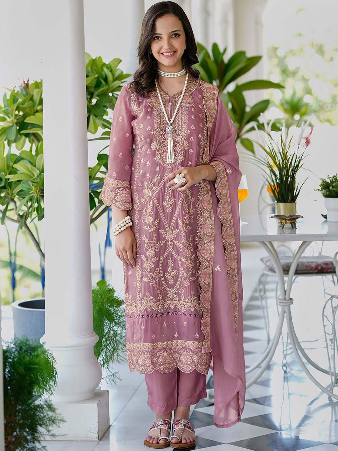 Dhiyona IE Ethnic Motifs Embroidered V Neck Straight Kurta With Trousers & Dupatta