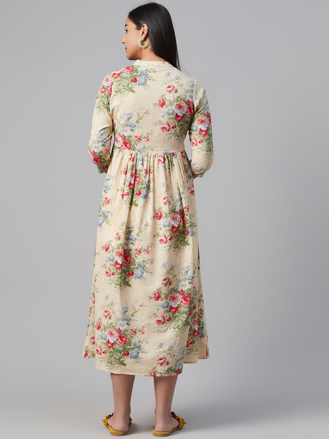 Dhiyona AY Women's Beige & Pink Floral Print Maternity A-Line Dress