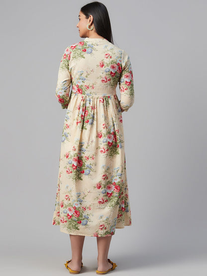 Dhiyona AY Women's Beige & Pink Floral Print Maternity A-Line Dress