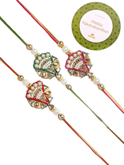 Dhiyona Red Set Of 3 Beaded & Embellished Thread Rakhi With Roli Chawal & Greeting Card