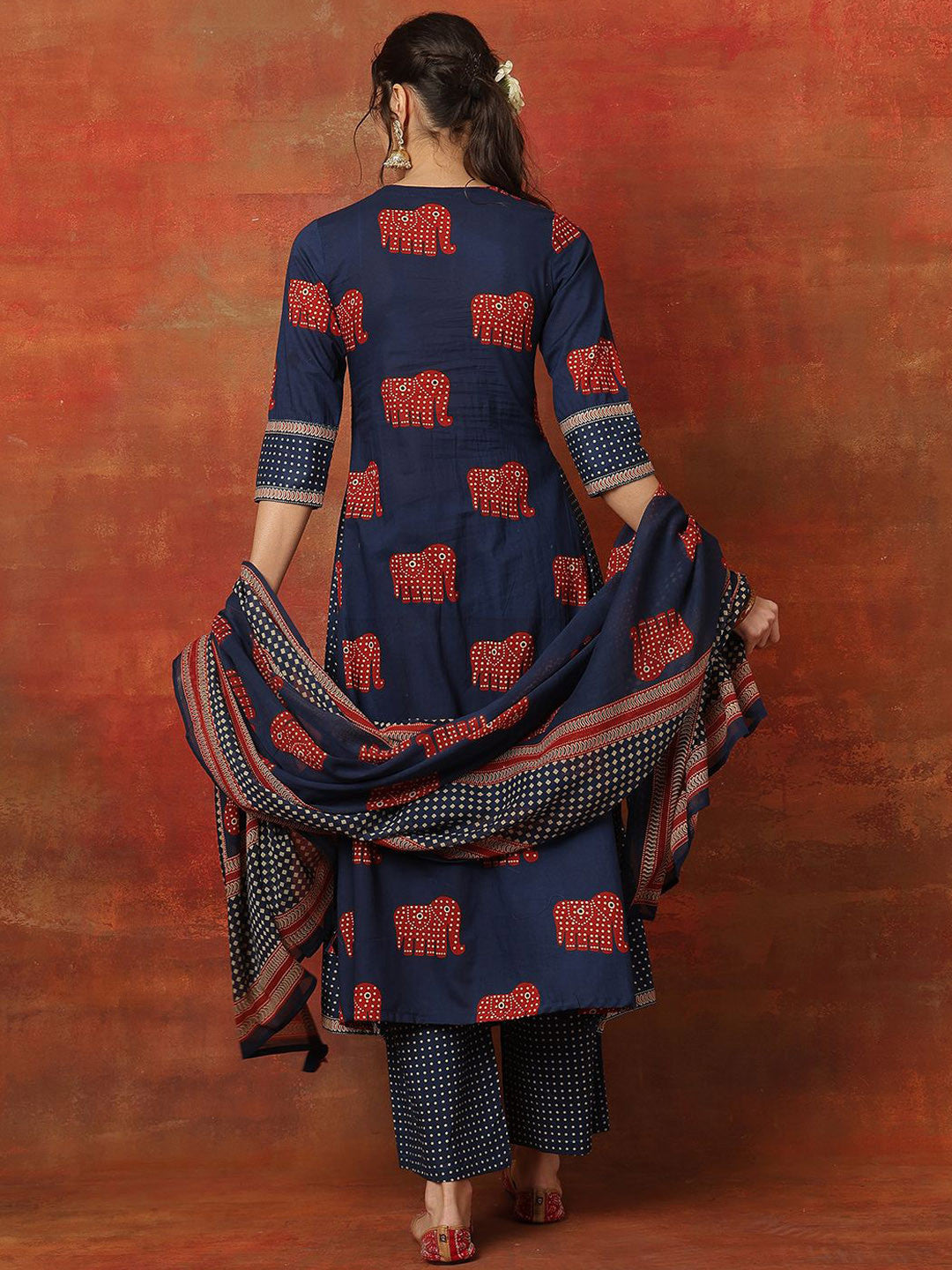 Printed Pure Cotton V-Neck Anarkali Kurta With Palazzos And Dupatta