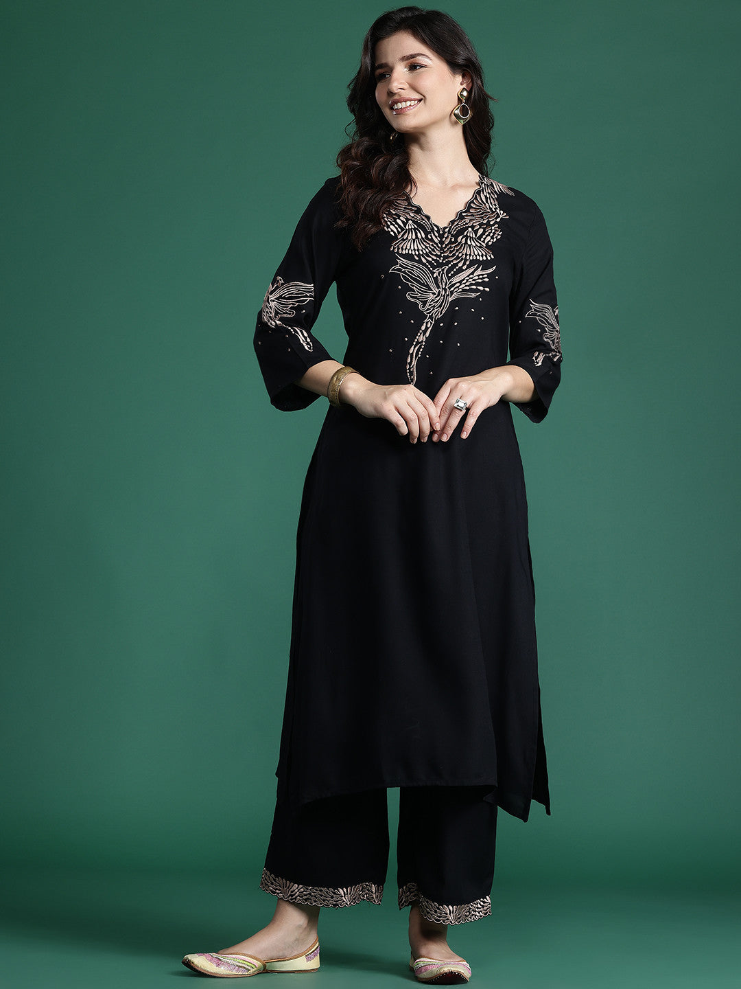 Solid Kurta with Trousers with Embroidered Detail