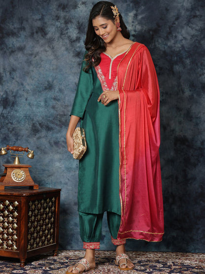 Women Cotton Silk Embroidered Straight Kurta Salwar With Dupatta Set