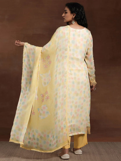 Dhiyona LL Yellow Floral Printed V-Nek Beads and Stones Straight Kurta with Palazzos & Dupatta