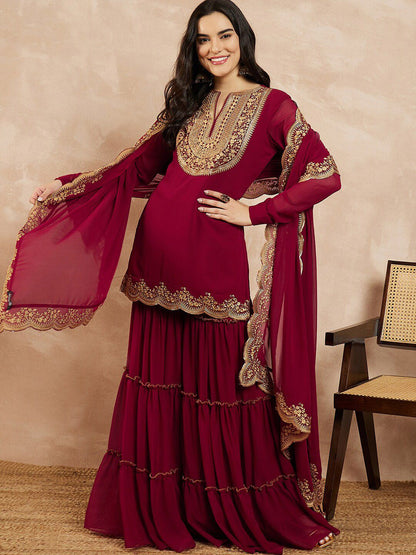 Dhiyona IN Marron & Gold Toned Yoke Design Embroidered Straight Kurta With Sharara & Dupatta
