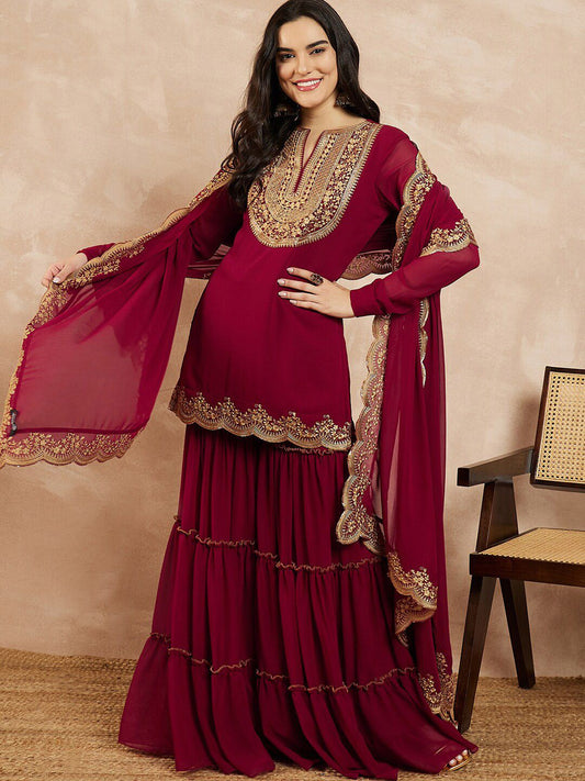 Dhiyona IN Marron & Gold Toned Yoke Design Embroidered Straight Kurta With Sharara & Dupatta