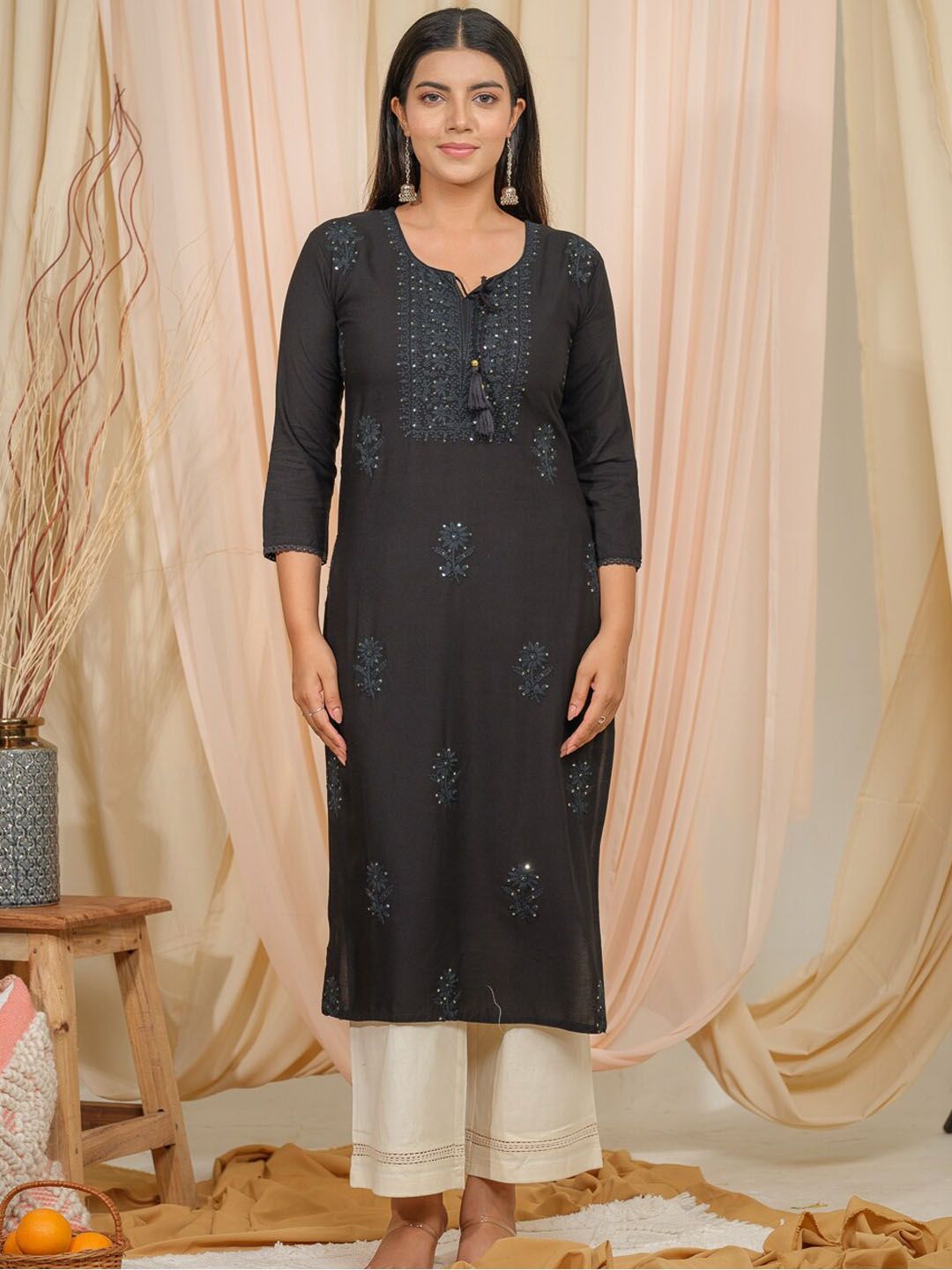 Dhiyona OD  Tie U[p Neck Sequined Embroidered Straight Kurta