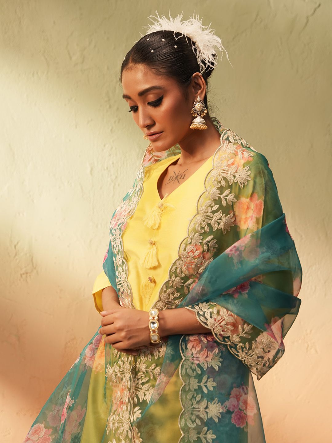Dhiyona IS Women's Women V-Neck A-Line Kurta with Trousers & Dupatta