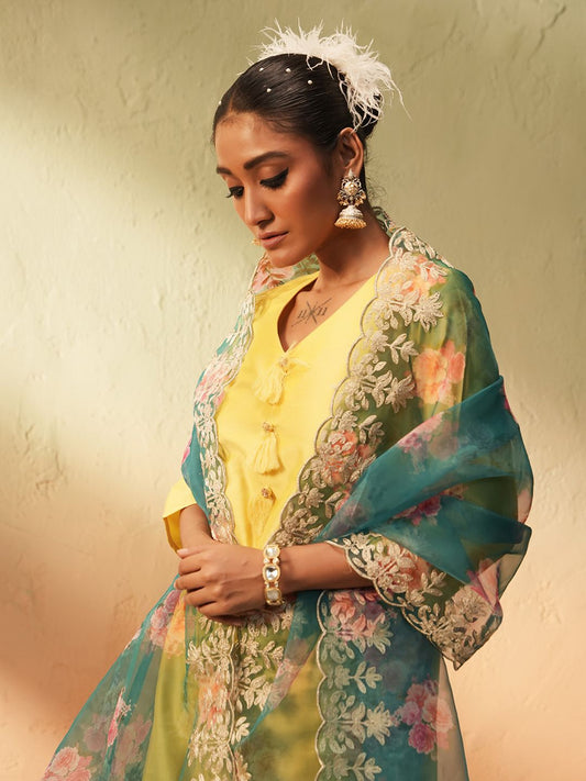 Dhiyona IS Women's Women V-Neck A-Line Kurta with Trousers & Dupatta
