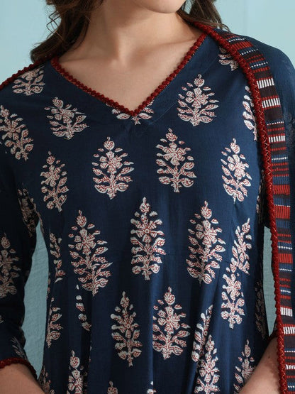 Women's Ethnic Motifs Printed V-Neck Pure Cotton A-Line Kurta with Palazzos & Dupatta