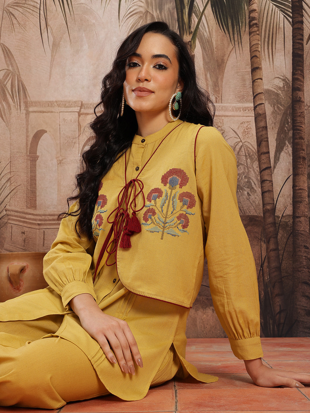 Pintucks Cotton-Linen Straight Kurti with Palazzos and Embroidered Waistcoat