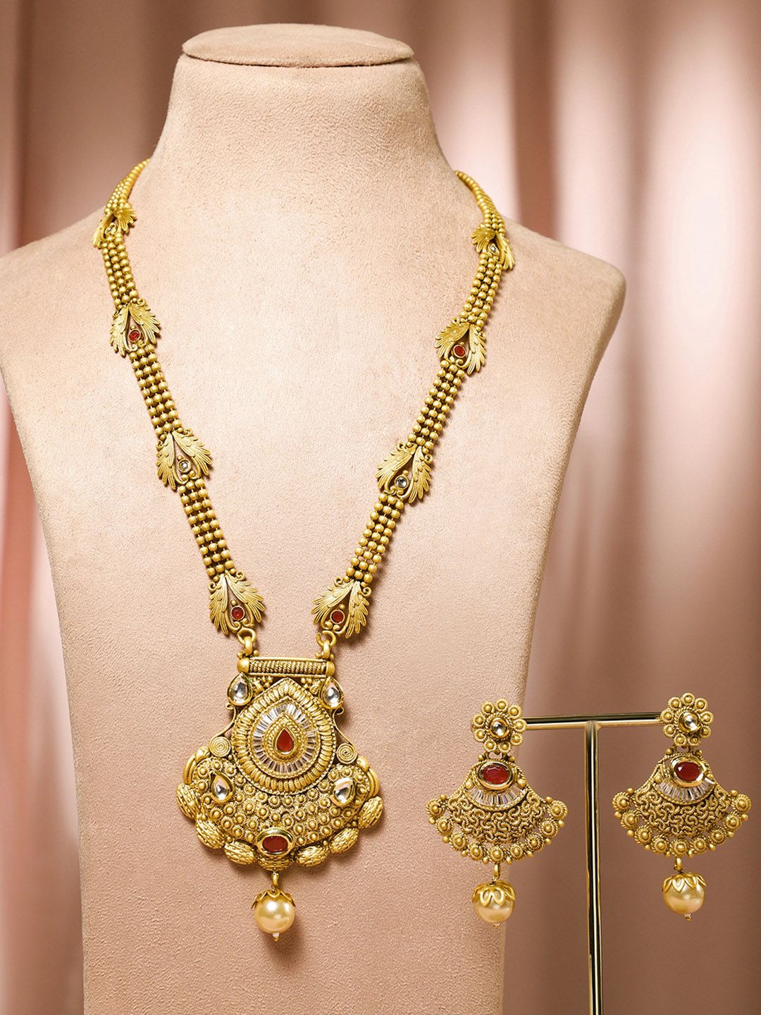 Dhiyona RJ Women's 22K Gold-Plated Ruby Kundan Studded Temple Necklace Set with Pearl Drops