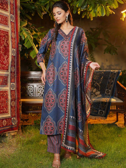 Dhiyona KL Floral Printed V-Neck Straight Kurta With Trousers & Dupatta