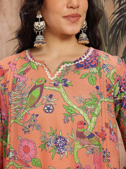 Floral Printed Lace Insert Detail Pure Cotton A-Line Kurta with Trousers